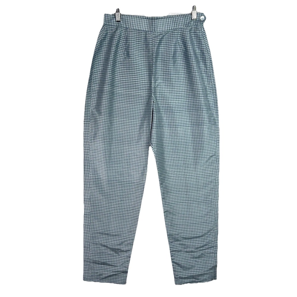Rena Rowan Blue Gingham Silk Pants Womens Size 10 High Rise Tapered Ankle